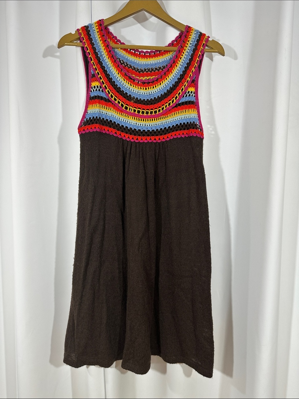 Uncle Frank Brown Crochet Yoke Sweater Dress Size S Boho Wool Blend Sleeveless
